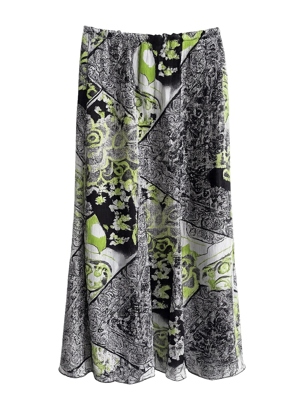 Vintage ardoise Black & Green Patchwork Pleated Midi Skirt Size M